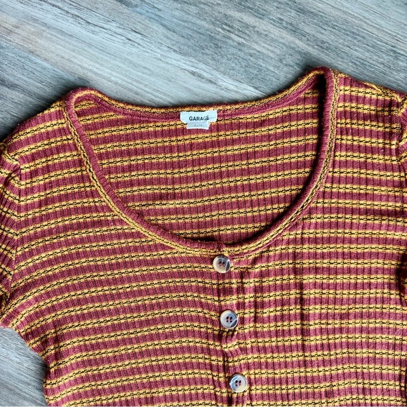 Garage P/S Striped Ribbed Button Front Long Sleeve Top Red Yellow Scoop Neck - Picture 4 of 10